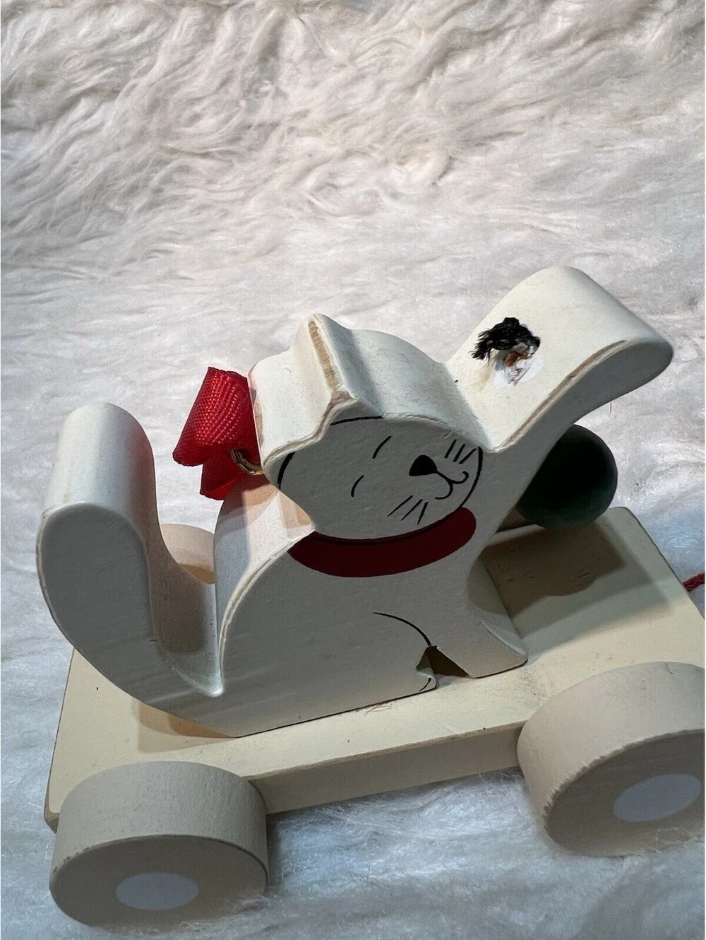 charming white wooden cat pull toy Ornament